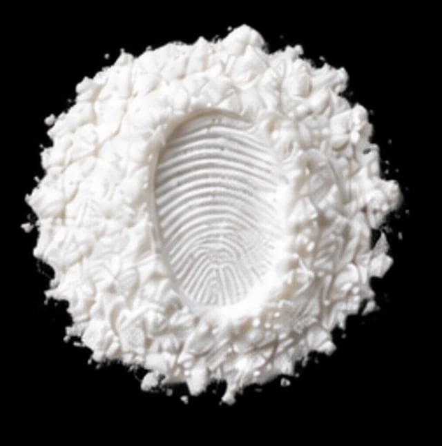 A mound of white magnesium bisglycinate powder with a fingerprint pressed into it